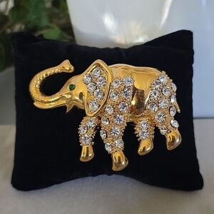 Vintage Gold Elephant Brooch Pin with Cubic Zirconia